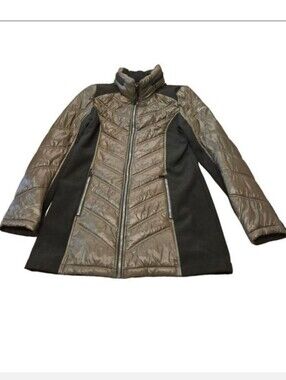 GUESS Women's Quilted Mixed Media Brown & Black Puffer Coat Jacket Size M